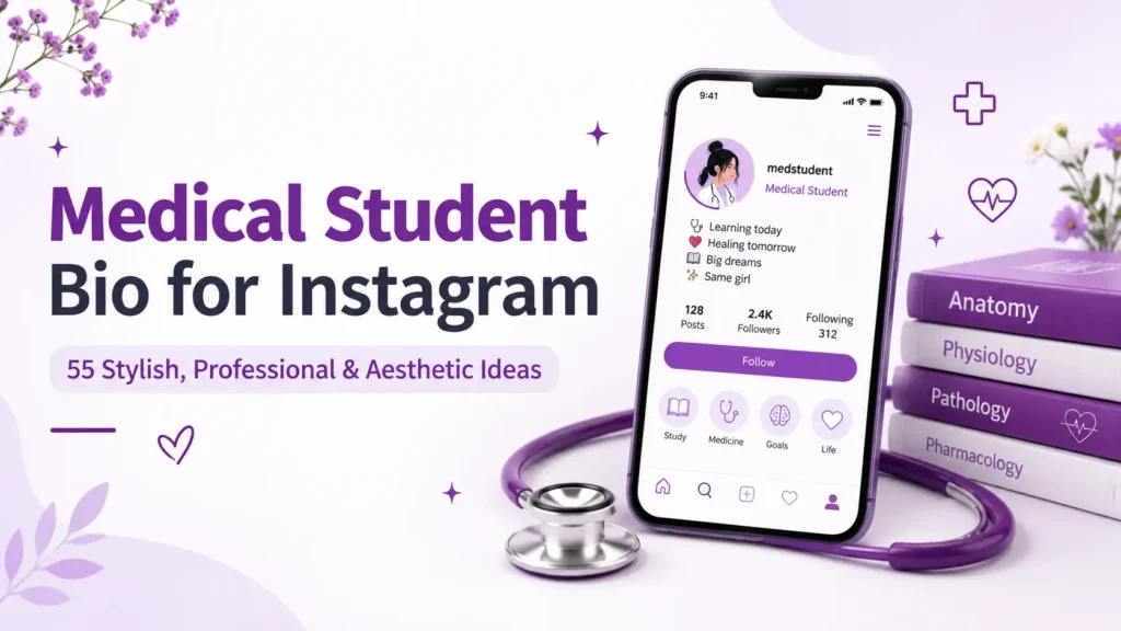 Medical student bio for Instagram featuring a smartphone, stethoscope, textbooks, and purple medical-themed accents.