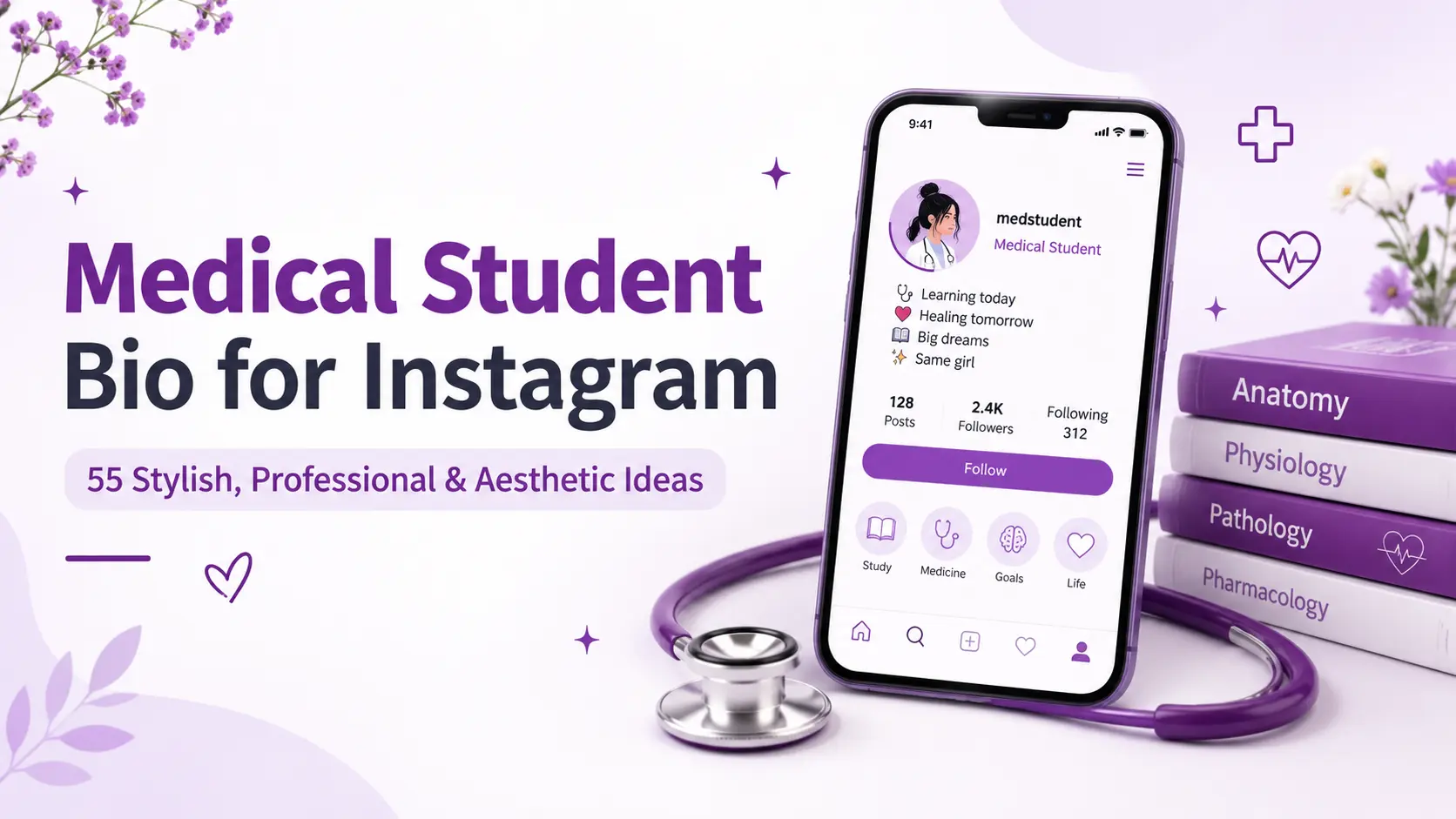 Medical student bio for Instagram featuring a smartphone, stethoscope, textbooks, and purple medical-themed accents.